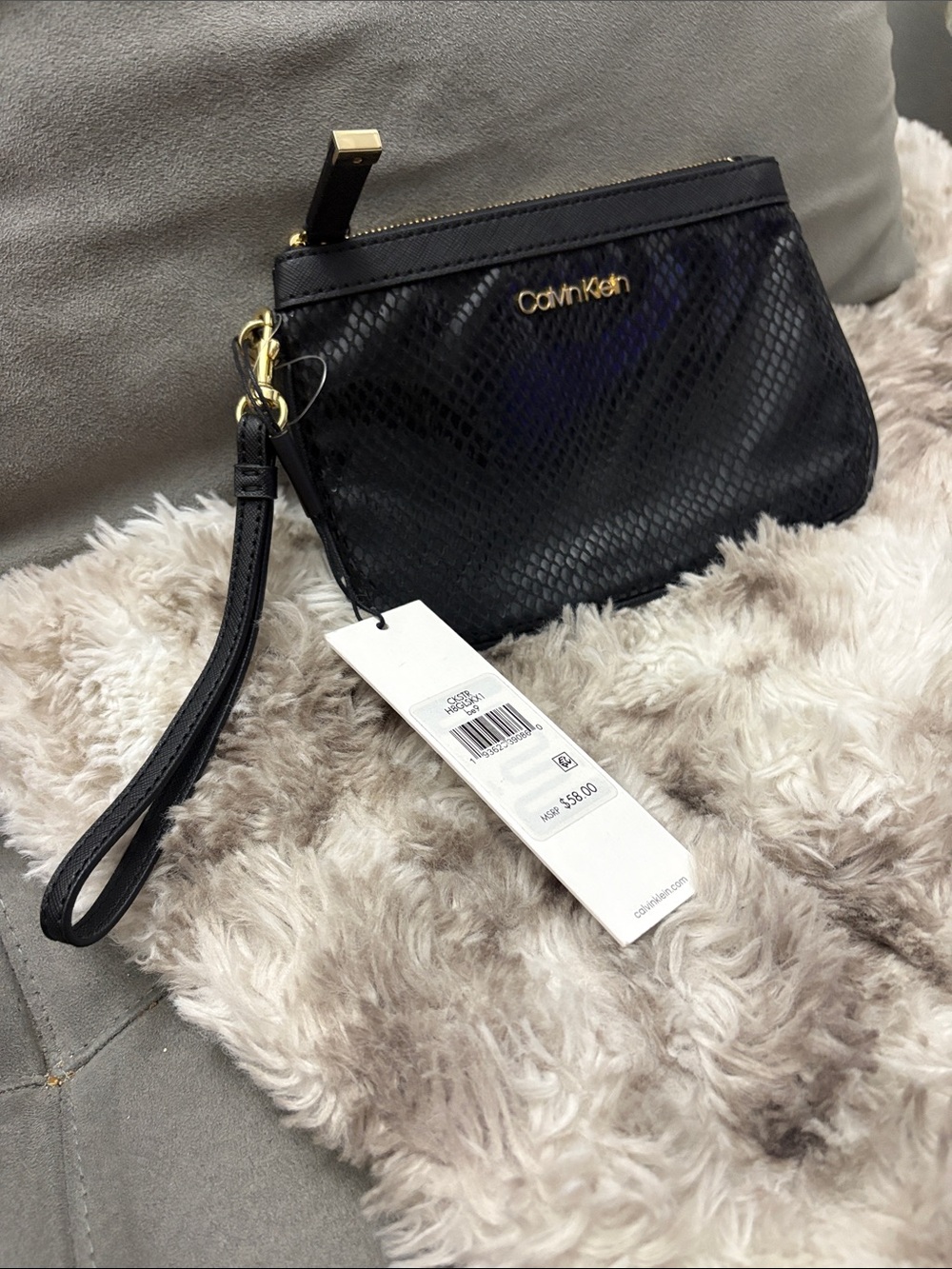 Calvin Klein Black Textured Wristlet with Gold Hardware